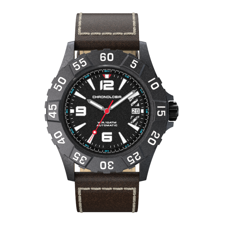 [78476-8-A] Chronologia Climber Satin Black with Brown Leather Strap