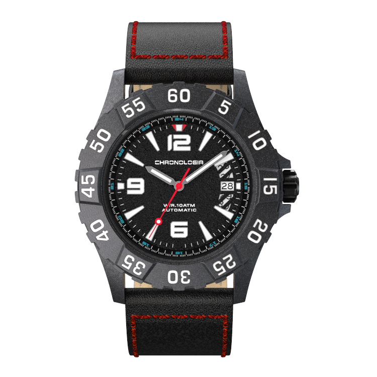 Chronologia Climber Satin Black with Black Leather Strap